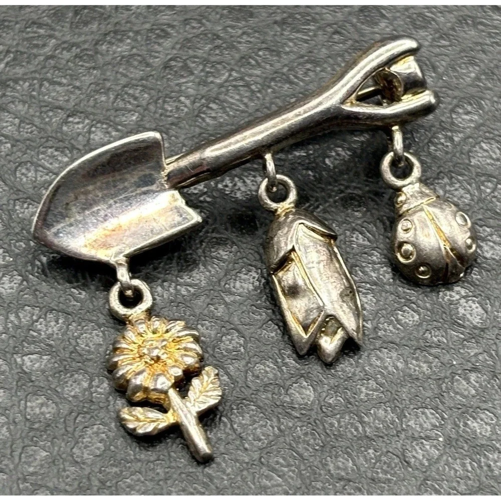 VTG Sterling Silver Garden Tool LADYBUG SHOVEL Sunflower Dangle Charm Brooch
